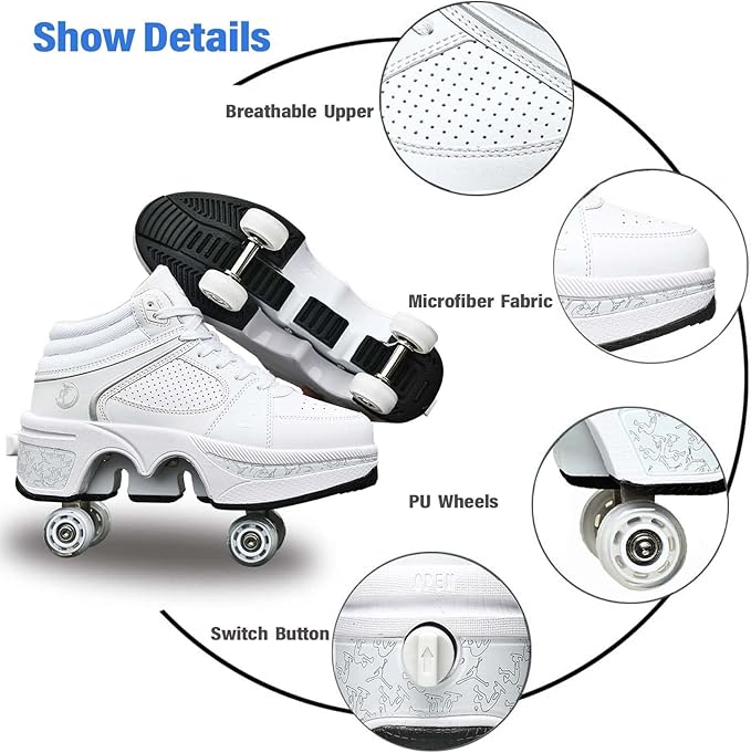 Roller Skate Shoes for Women Four Rounds Children's Roller Skates Shoes That Turn into Rollerskates Sneakers Outdoor Light Shoes with Wheels for Girls/Boys