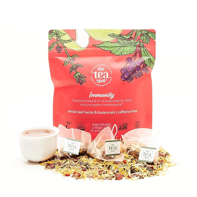 The Tea Spot Organic Immunity Tea with Natural Vitamin C for Immune Support|Blend of Adaptogens, Elderberry, Orange Peel, Ginger, Basil, Lemon Peel & Valerian Root | Caffeine-Free 15 Tea Bags