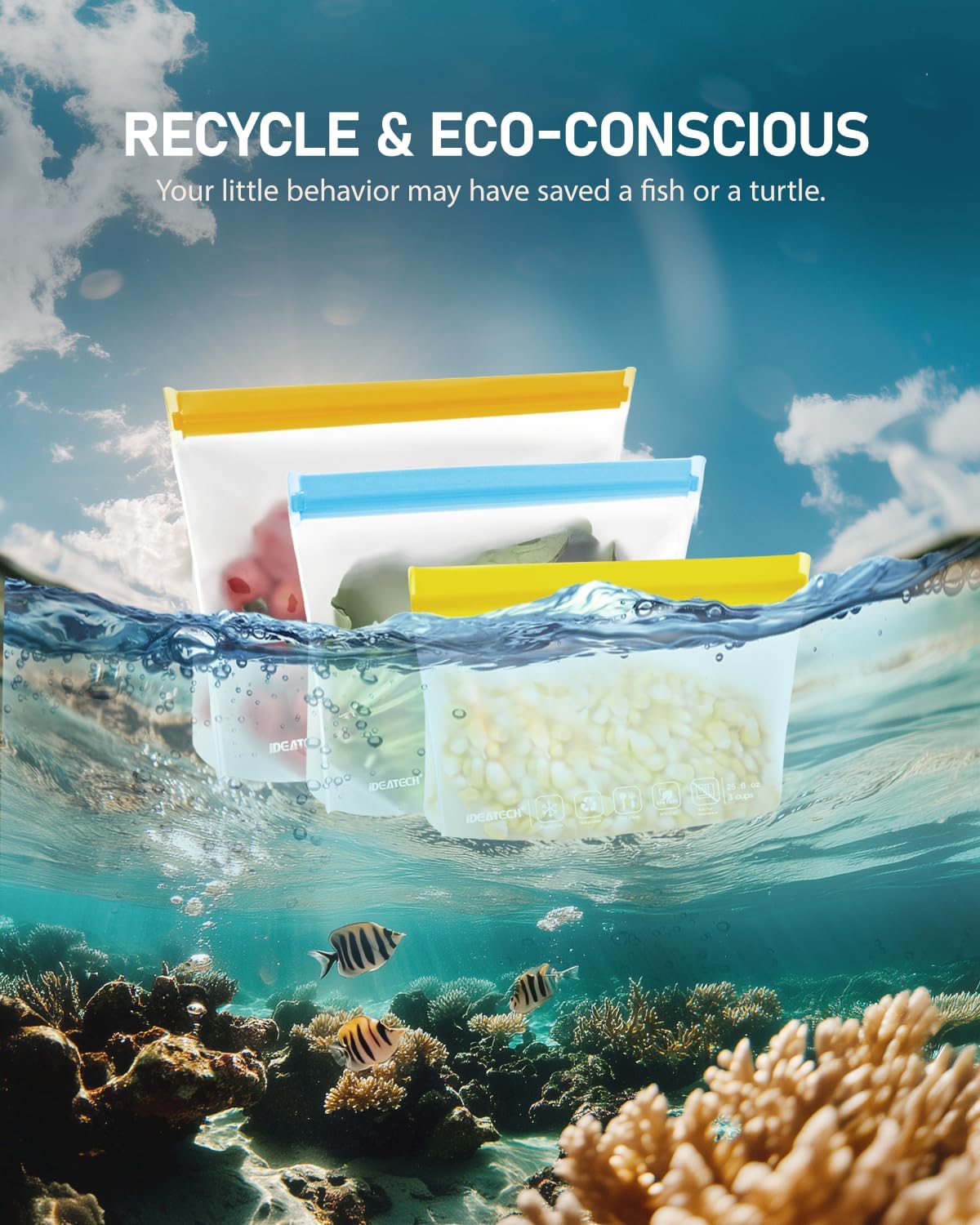 IDEATECH Gallon Freezer Food Containers, BPA Free PEVA Reusable Gallon Bags, Reusable Sandwich Bags, Reusable Baggies for Lunch, Travel Healthy Food (Grey, 8Pack-8Gallon)