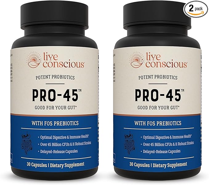 Live Conscious PRO45: Probiotic Formula, 45 Billion CFU, 11 Comprehensive strains. Dairy Free. Delayed Release Veggie caps. Promotes Immune and Digestive Health. 60 Capsules (2-Pack)