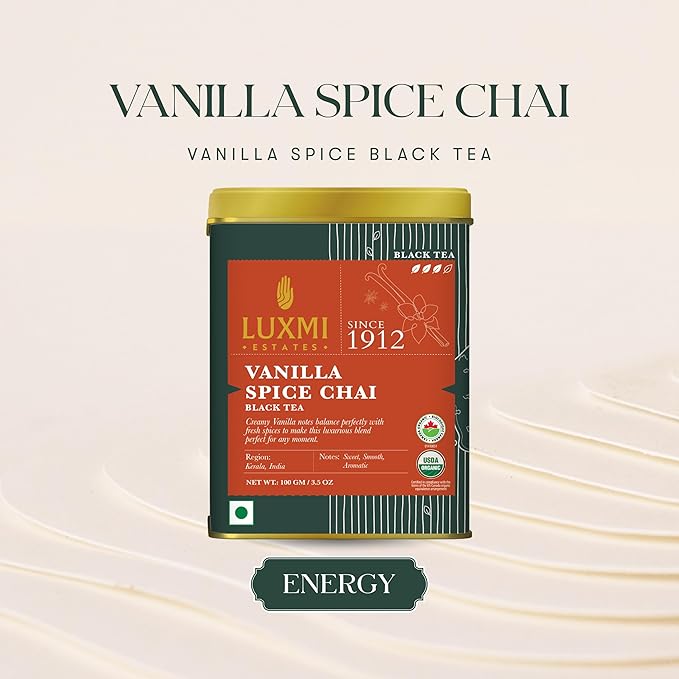 LUXMI Estates Vanilla Spice Chai 100Gm Loose Leaf Tin | Certified Organic Black Tea Leaf | Smooth, Flavorful, Robust, Caffeinated | Darjeeling & Assam Tea From India, 100 grams