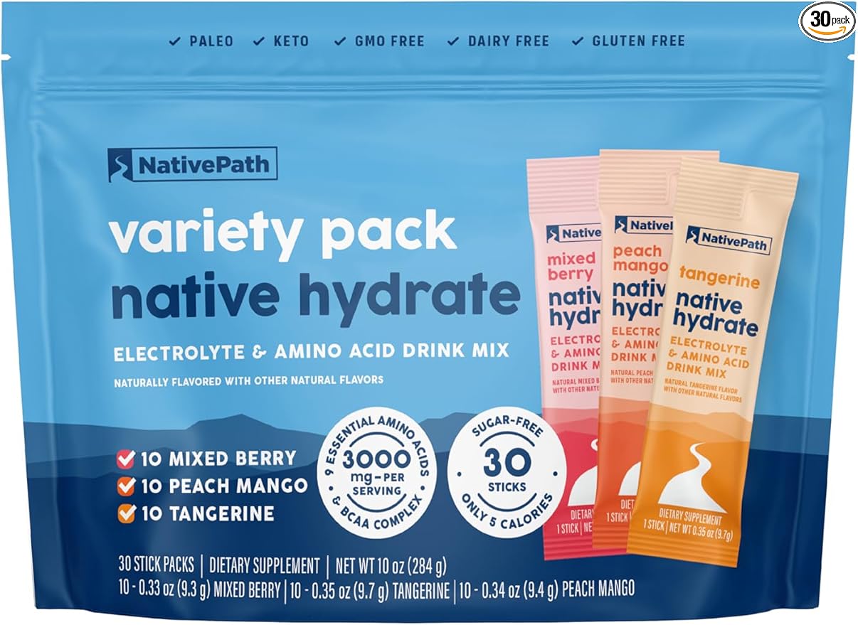 NativePath Native Hydrate Stick Packs with Electrolytes and Amino Acids, Variety Pack, Mixed Berry, Peach Mango, Tangerine, 30 Servings