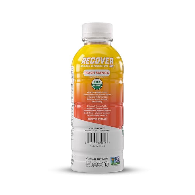 RECOVER 180 Organic Sports Hydration Drink, No Sugar Added, 20 Calorie Sports Beverage, Organic Flavors With Vitamins, Potassium-Packed Electrolytes (16.9 Fl Oz (Pack of 12), Peach Mango)