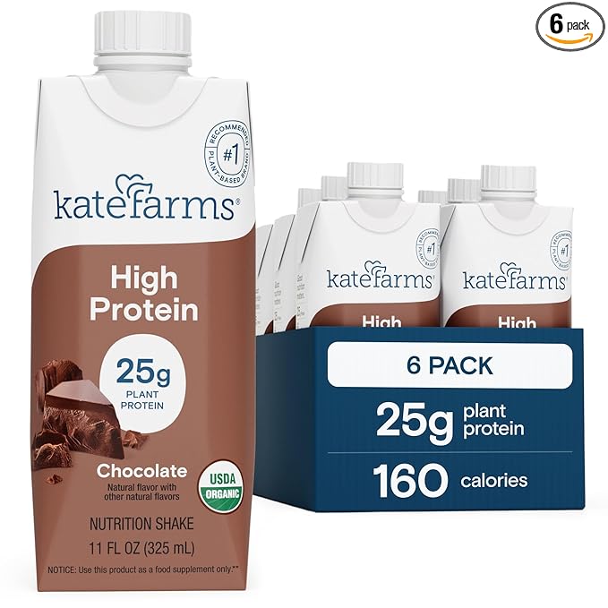 KATE FARMS Organic High Protein Chocolate Nutrition Shake, 25g Protein, 6g Fiber, 27 Vitamins and Minerals, 0g Sugar, Protein Drink, 11 oz (6 Pack)