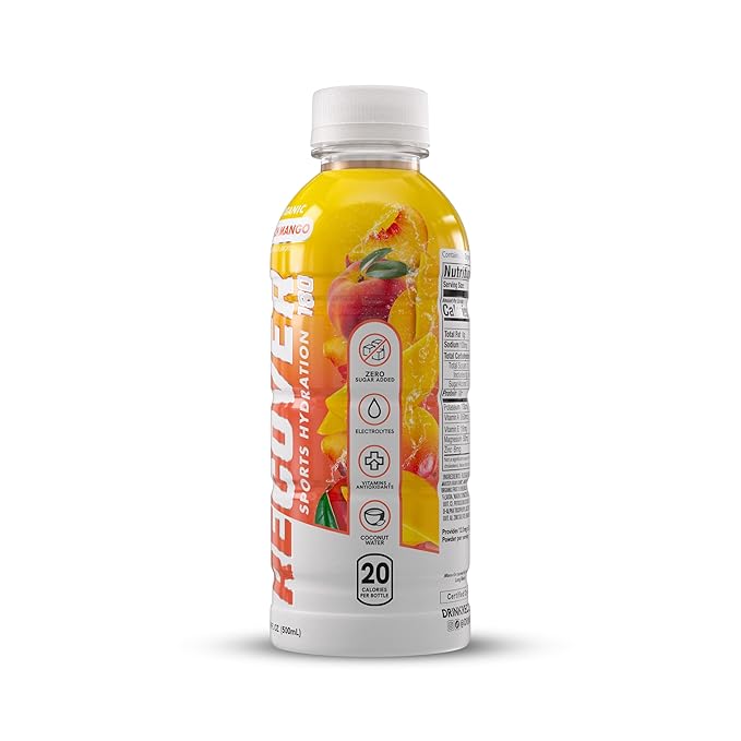 RECOVER 180 Organic Sports Hydration Drink, No Sugar Added, 20 Calorie Sports Beverage, Organic Flavors With Vitamins, Potassium-Packed Electrolytes (16.9 Fl Oz (Pack of 12), Peach Mango)