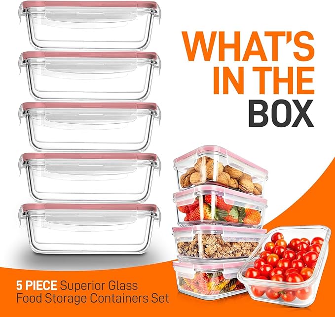 Nutrichef 10-Piece Glass Food Containers - Stackable Superior Glass Meal-prep Storage Containers, Newly Innovated Leakproof Locking Lids w/Air Hole, Freezer-to-Oven-Safe (Red)