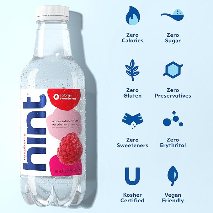 Hint Fruit-Infused Bottled Water, Raspberry - Sugar Free Flavored Water with Zero Calories, Naturally Flavored, and No Artificial Sweeteners - 16 Fl Oz (Pack of 12)