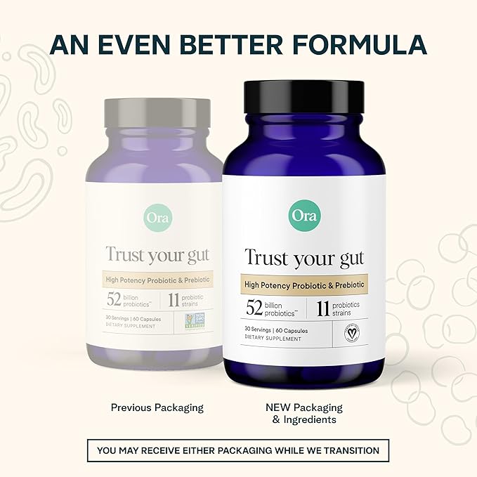 Ora Organic Probiotics with Prebiotics - 52 Billion CFU 11 Clinically Studied Strains for Digestive Health, Trust Your Gut, Gluten Free, 60 Capsules