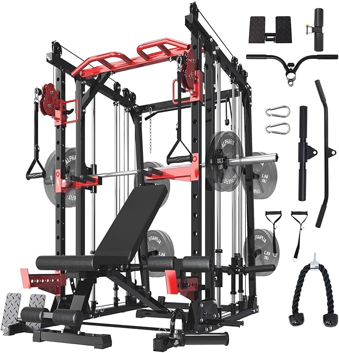 Smith Machine with LAT-Pull Down System & Cable Crossover Machine, 2000LBS Power Cage Rack for Garage Workout & Home Gym