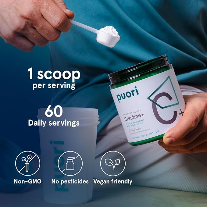 Puori Creatine Monohydrate Powder with Taurine - Unflavored Creatine Powder, Pre-Workout Supplement for Men & Women - Muscle Builder, Enhanced Workout Performance & Strength Building - 60 Servings