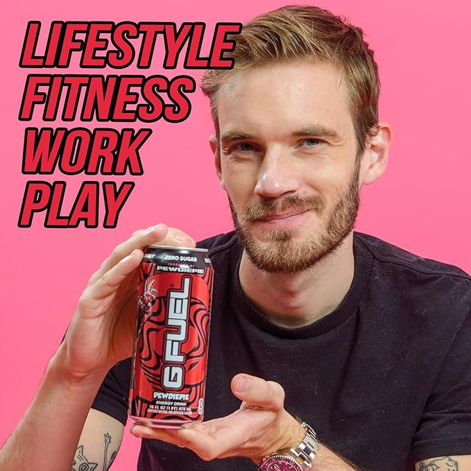 G Fuel Energy Drink, Lingonberry, Sugar Free Beverage with 300mg Caffeine, Daily Energy Boost with Focus Amino, Vitamin + Antioxidants, 16 oz Cans (PewDiePie, 12-Pack)