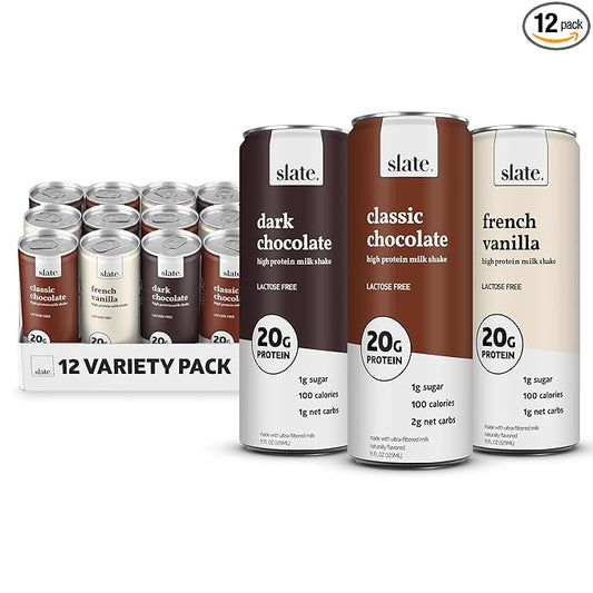 Slate Milk - High Protein Milk Shake - Core Variety Pack - Classic Chocolate, Dark Chocolate, French Vanilla - Lactose Free, 20g Protein, 1g Sugar, 100 Calories, 1-2g Net Carbs - 11 fl oz, 12 Cans