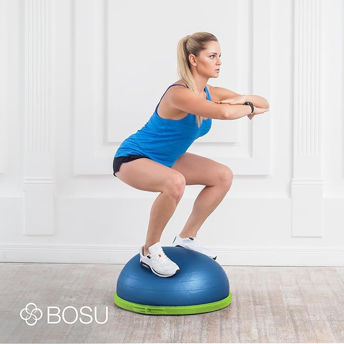 Bosu Balance Ball Exercise Trainer, Home Gym Equipment w/ Guided Workouts & Pump, 26", Blue - Inflatable Fitness Platform for Strength Training, Standing, Balancing, and Core Workout