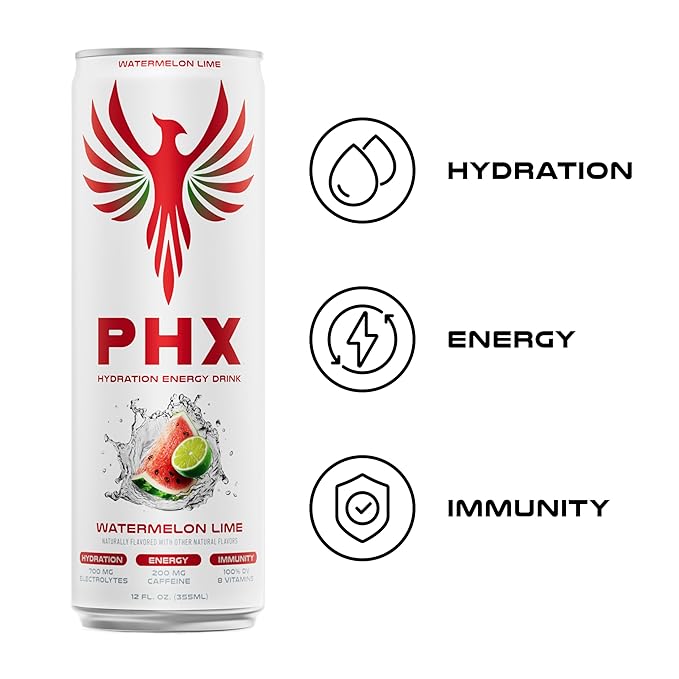 PHX Hydration Energy Drink - 700mg Electrolytes, 200mg Natural Green Tea Caffeine, 100% Daily Value 8 Essential Vitamins - 12 oz Cans (12 Pack) (12 Pack, Watermelon Lime)