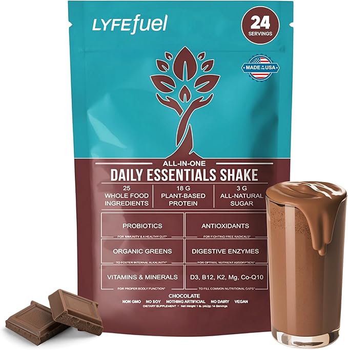 LyfeFuel All-in-One Essentials Nutrition Shake | Complete Meal Replacement Powder | 50+ Superfood Blend, 18g Plant-Based Protein - Chocolate, 24 Servings