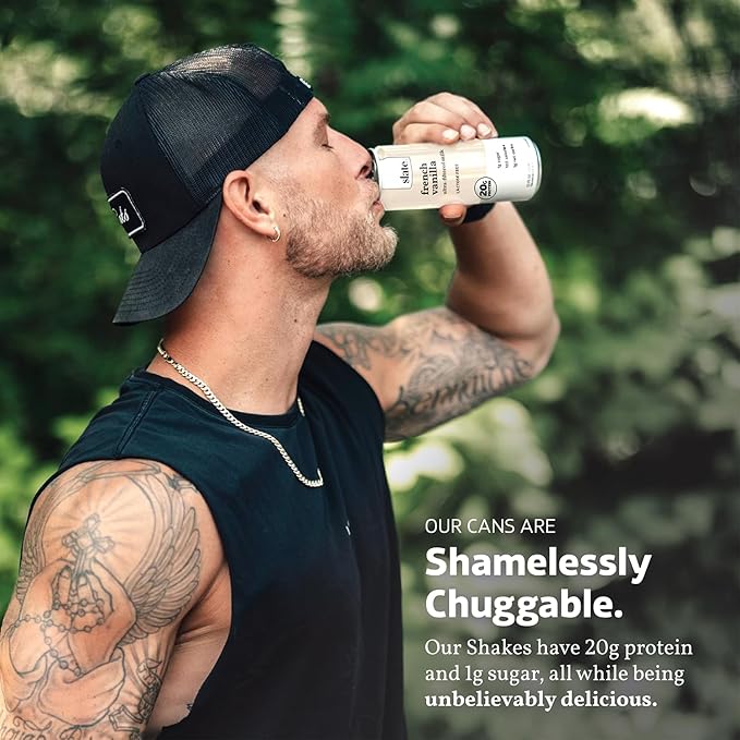Slate Milk - High Protein Milk Shake - French Vanilla - Lactose Free, 20g Protein, 1g Sugar, 100 Calories, 1g Net Carbs, No Added Sugar - Natural, Breakfast Boost, Post Workout - 11 fl oz, 24 Cans