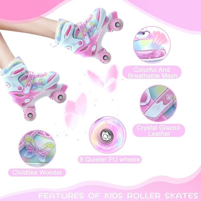 Kids Roller Skates for Girls-Outdoor 4 Size Adjustable Butterfly Quad Rollerskates for Indoor Ages 3-12 Years Beginners Children's Birthday Gift with Light Up Wheels patines para niñas Indoor