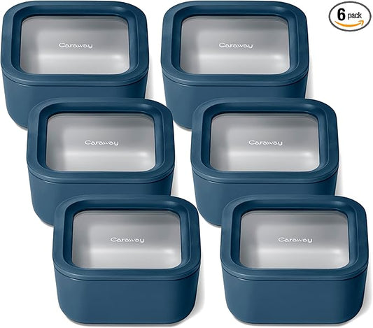 Caraway 6pc Glass Food Storage Set – 4.4 Cup Food Containers (6) - Ceramic Coated - Non Toxic, Non Stick with Lids - Microwave Safe - Navy