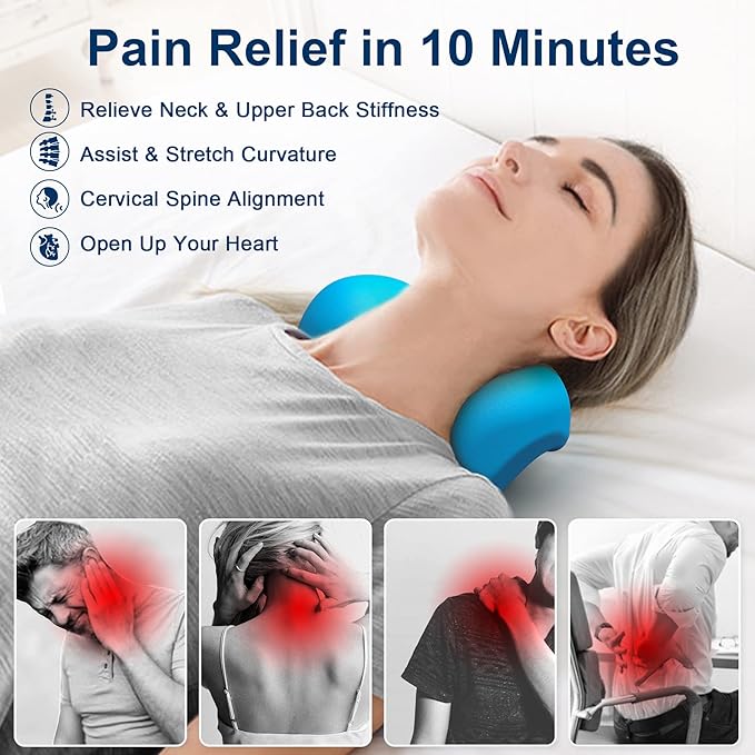 Neck and Shoulder Relaxer with Upper Back Massage Point, Cervical Traction Device Neck Stretcher for TMJ Pain Relief and Cervical Spine Alignment Chiropractic Pillow (Blue)