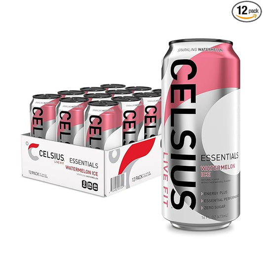 CELSIUS ESSENTIALS™ Sparkling Watermelon Ice, Sugar Free Performance Energy Drink, 16 Fl Oz (Pack of 12)