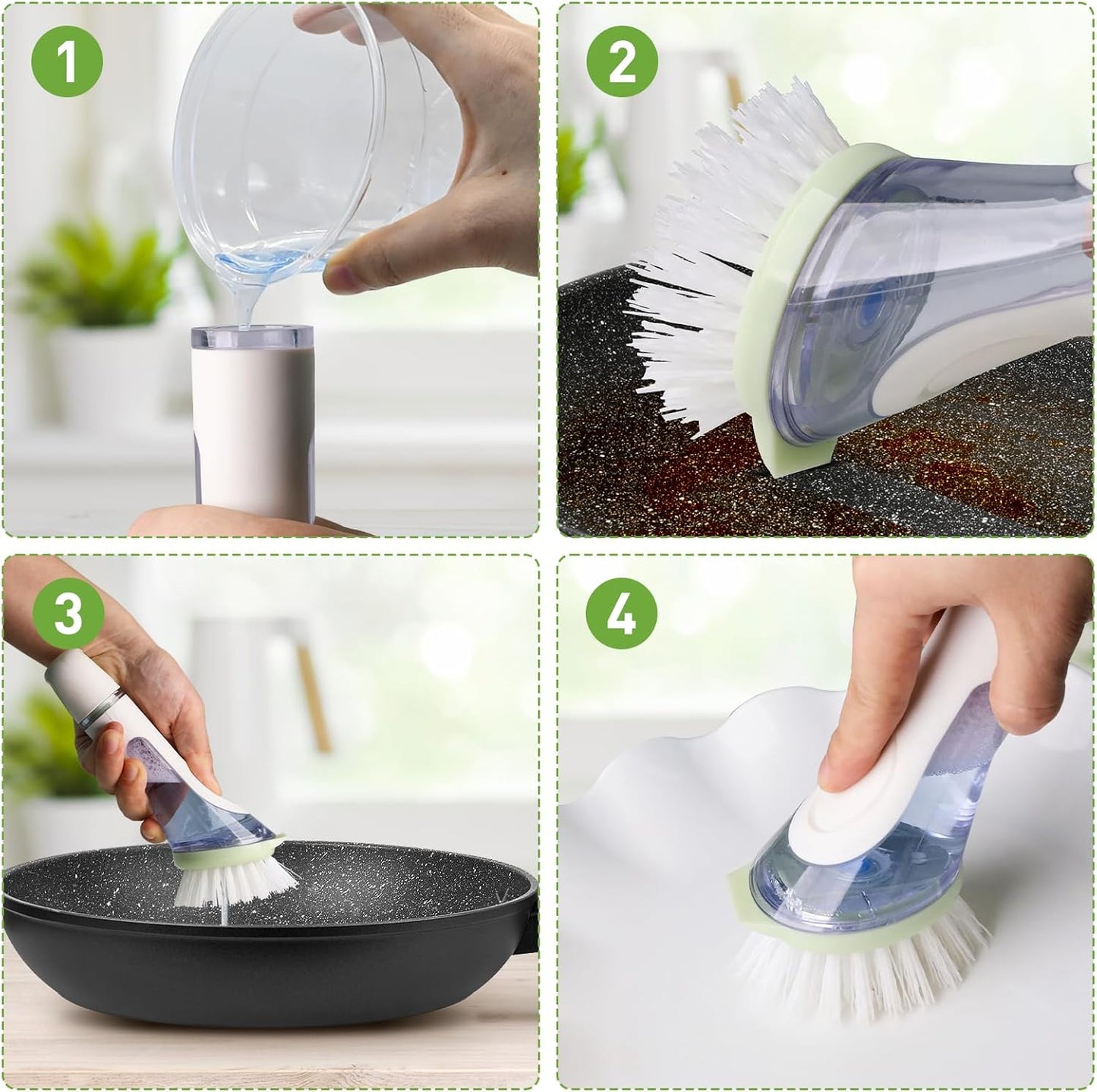 Soap Dispensing Dish Brush with 2 PCS Brush Refills, Dish Scrub Brush with Soap Dispenser, Dish Soap Brush for Dishes, Pans, Sink, Pots
