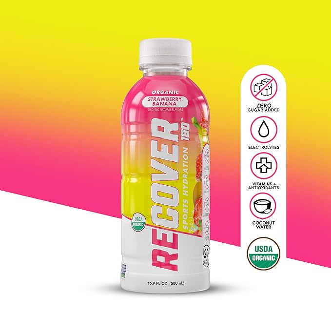 RECOVER 180 Organic Sports Hydration Drink, No Sugar Added, 20 Calorie Sports Beverage, Organic Flavors With Vitamins, Potassium-Packed Electrolytes (16.9 Fl Oz (Pack of 12), Strawberry Banana)