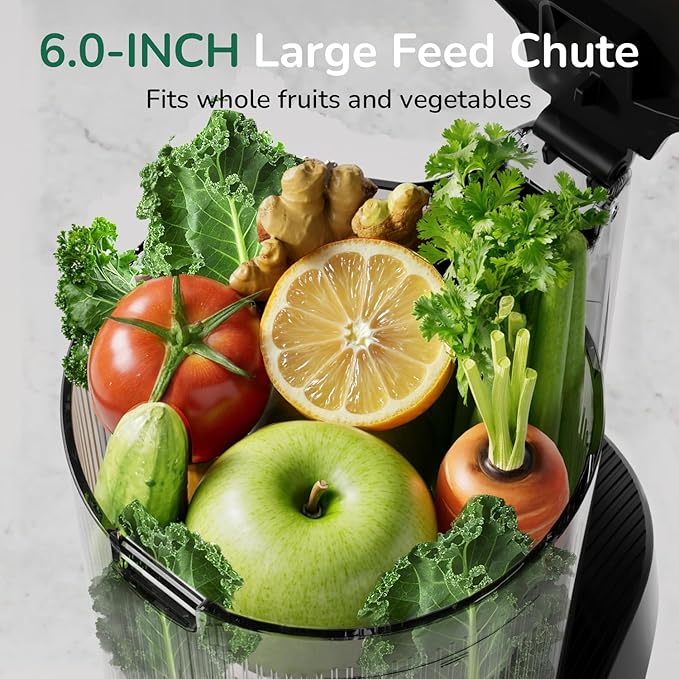 Canoly C16 Cold Press Juicer, 6" Extra Wide Feed Chute, 3-IN-1 Strainers (Juice & Sorbet & Nut Milk), Powerful AC Brushless Motor, Self Precut System, Juicer Machines with BPA-Free (Space Gray)