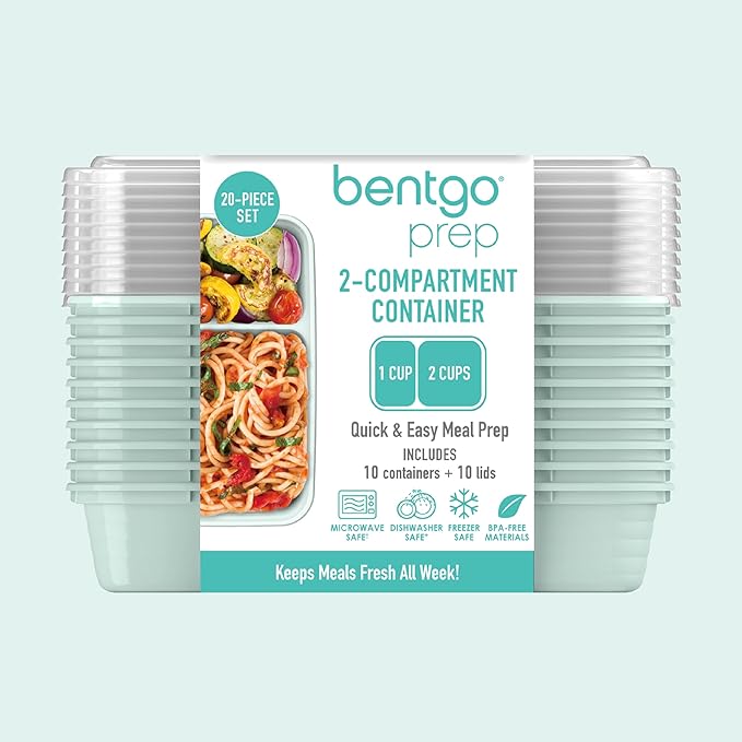 Bentgo 20-Piece Lightweight, Durable, Reusable BPA-Free 2-Compartment Containers - Microwave, Freezer, Dishwasher Safe - Mint