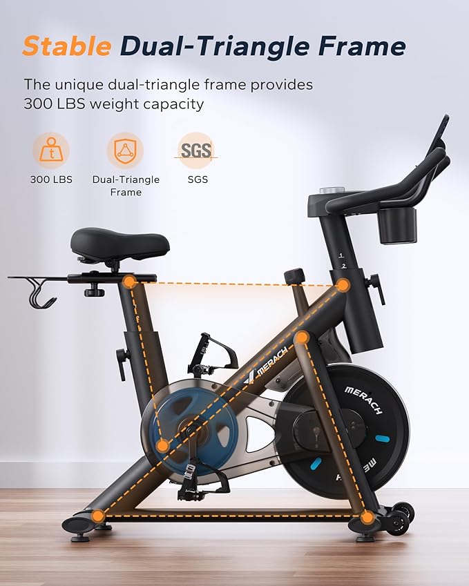 MERACH Exercise Bike, Brake Pad Stationary Bike with Exclusive App, Low Noise Indoor Cycling Bike with 300lbs Weight Capacity, Tablet Mount and Fitness Courses for Weight Loss