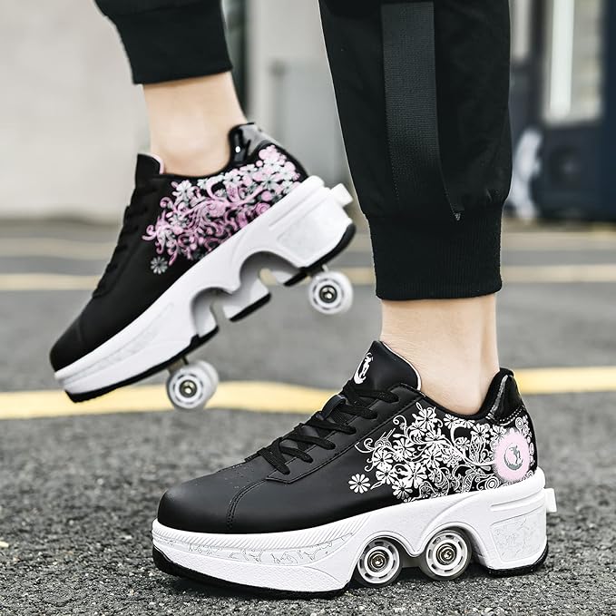 Roller Skate Shoes for Women Four Rounds Children's Roller Skates Shoes That Turn into Rollerskates Sneakers Outdoor Light Shoes with Wheels for Girls/Boys