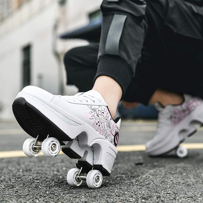 Double-Row Deform Wheel Automatic Walking Shoes Invisible Deformation Roller Skate 2 in 1 Removable Pulley Skates Skating Parkour
