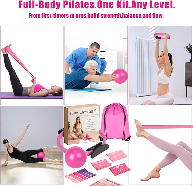 pilates essentials kit for home workouts, pink pilates equipment set with pilates Rings, yoga ball, instructions, workout bands resistance for women-better pilates ring and ball set for beginners