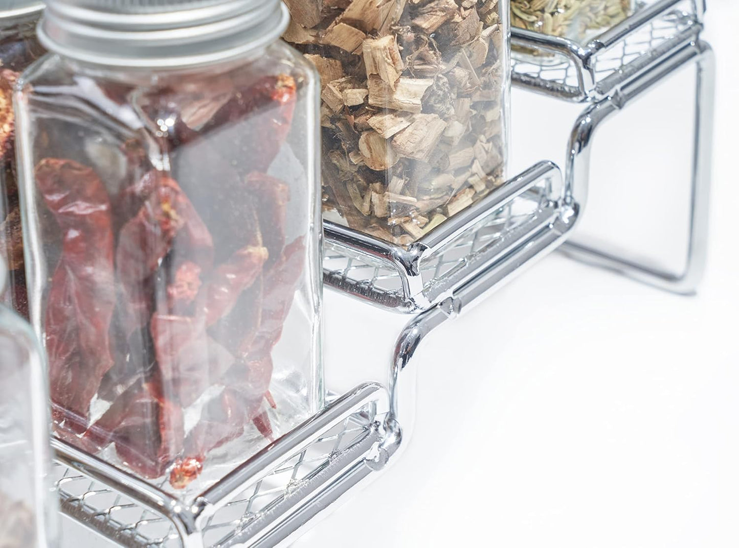 GONGSHI Spice Rack Organizer for Cabinet, 4 Tier Seasoning Organizer, Expandable Shelf,Step Storage Holder, Kitchen Cabinet Countertop,with Protection Railing, Metal (Chrome2 PC)