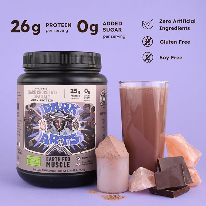 Earth Fed Muscle Dark Arts Grass Fed Truly Grass Fed Whey Protein Powder - No Artificial Ingredients, Soy Free, Gluten Free, Non-GMO and Hormone Free (2 Pound, 26 Servings, Salted Chocolate)