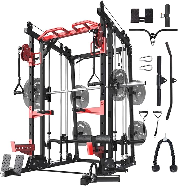 Smith Machine with LAT-Pull Down System & Cable Crossover Machine, 2000LBS Power Cage Rack for Garage Workout & Home Gym