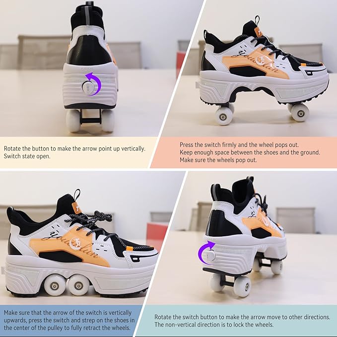 Roller Skate Shoes for Women Four Rounds Children's Roller Skates Shoes That Turn into Rollerskates Sneakers Outdoor Light Shoes with Wheels for Girls/Boys
