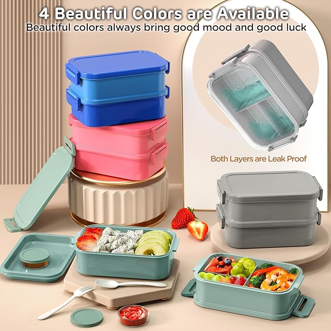 DaCool Adults Lunchbox Bento Box - 74 OZ All-in-One Stackable Lunch Box for Adults Men Women Teens Leakproof Bento Large Lunch Box Containers with Fork Spoon Sauce Box for Dining Out Work School,Grey