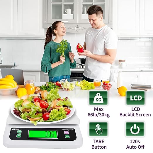 Large Digital Kitchen Scale 66lb/30kg Food Scales for Kitchen with Tare and Prep Counting Baking Cooking Bread Meat Scale with LCD Display for Bakery (White, 30kg)