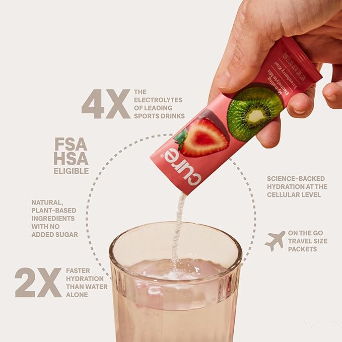 Cure Hydration | Plant-Based Electrolyte Drink Mix | No Added Sugar | FSA-HSA | Dehydration Relief Powder Made with Coconut Water | Non-GMO | Vegan | 28 Servings Jar - Strawberry Kiwi