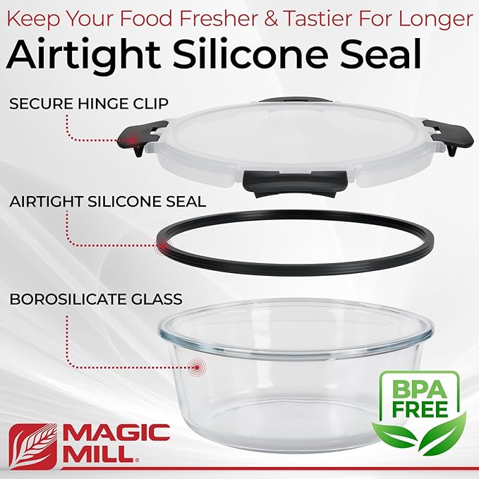 Magic Mill Glass Storage Containers with lids Set | Ultimate 24pc Sets with 12 Food Storage Containers & 12 Airtight Locking Lids for Lunch, Meal Prep, Fridge, Freezer, and Dishwasher Safe, BPA-Free