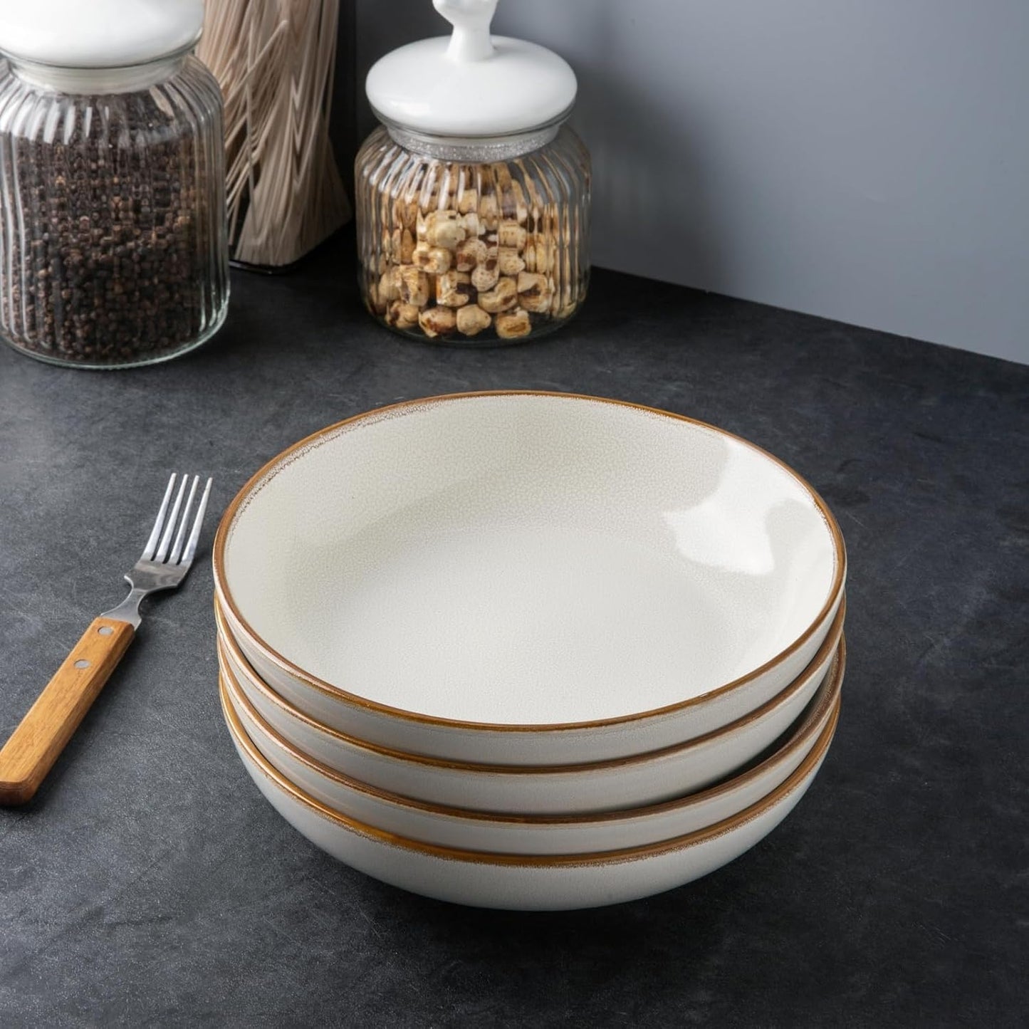 AmorArc 8.5'' Large Pasta Bowls, 36oz Ceramic Salad Serving Bowls Set of 6 for Kitchen, Wide Stoneware Bowls for Pasta,Salad,Fruit,Bread, Microwave Safe, Reactive-Pearl White