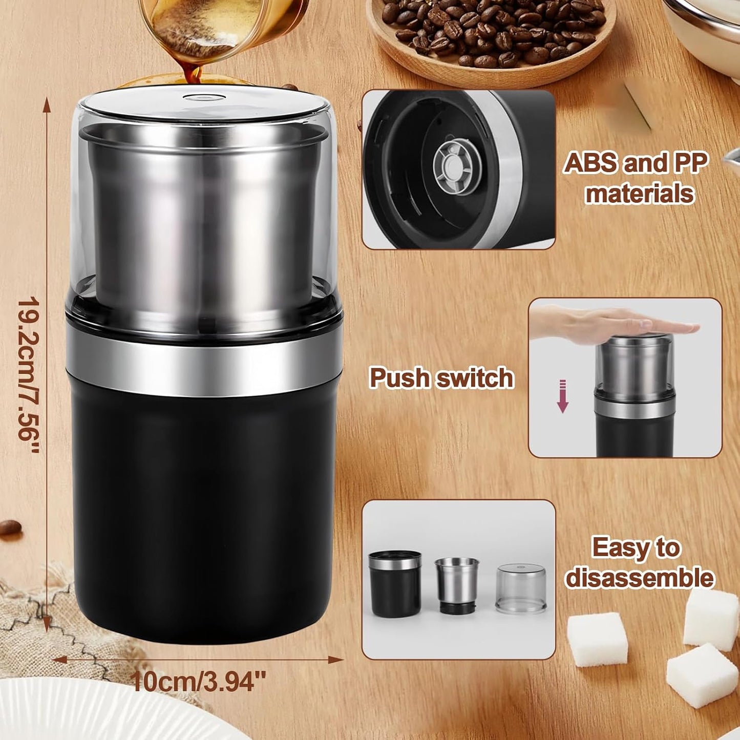 Electric Coffee Grinder, Dual Stainless Steel Bowls for Beans Spices Nuts Wet&Dry Grinding 30000RPM Overheat Protection Compact for Kitchen Herbs Spices Nuts Grains Espresso