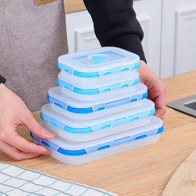 Collapsible Silicone Food Storage Containers, BPA Free, Microwave, Freezer and Dishwasher Safe, Lunch, Meal Prep, Travel, Space-Saving, Set of 5