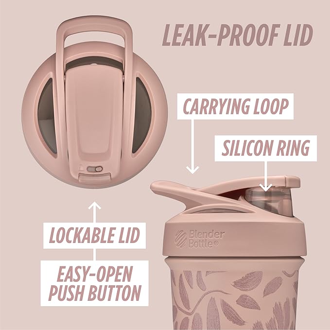 BlenderBottle Strada Flip Shaker Cup Insulated Stainless Steel Water Bottle with Wire Whisk, 25-Ounce, Brown Flowers