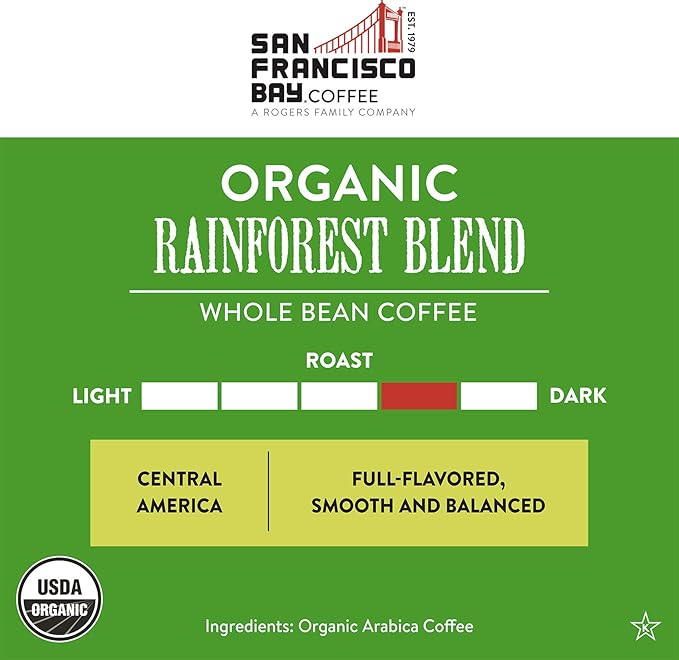 San Francisco Bay Coffee - Medium-Dark Roast Whole Bean Coffee - Organic Rainforest Blend (2 lb bag) - UDSA Organic