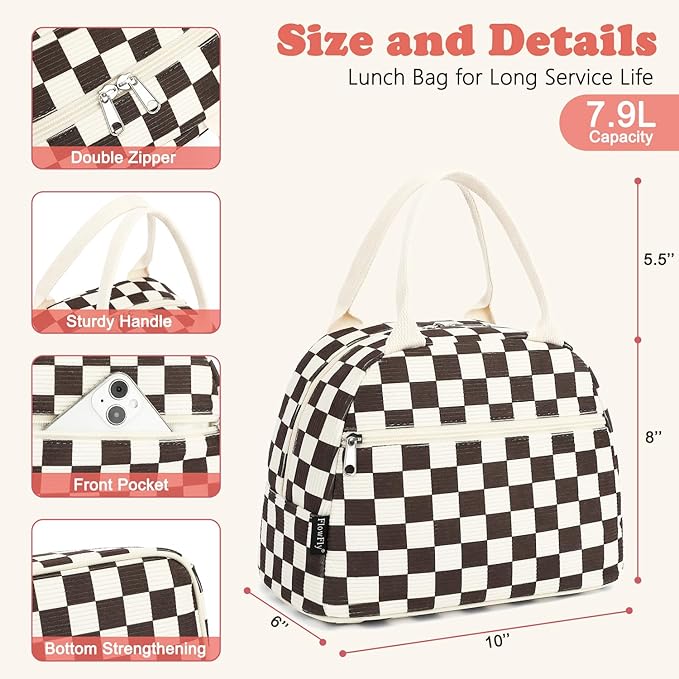 FlowFly Lunch Bag for Women Insulated Lunch Box Corduroy Lunch Tote Cooler for Travel Work Picnic,Corduroy Plaid Coffee