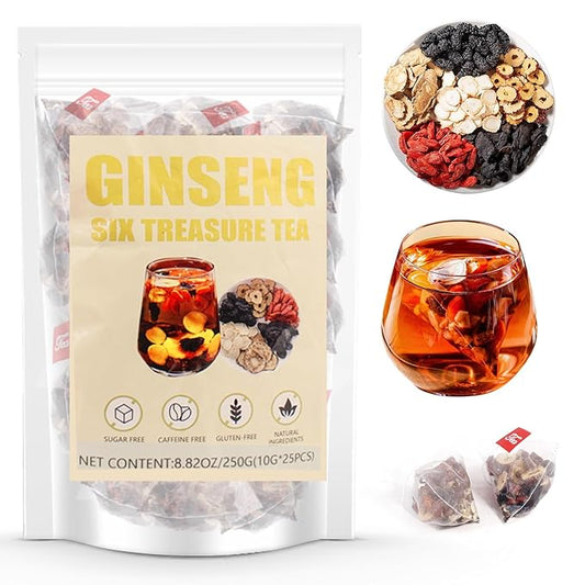 Kidney Tea Formula Ginseng Six Treasure Tea - Natural Chinese Traditional Herbal Ginseng Five Treasures Kidney Detox Cleanse Teabag For Men Women, 6 Precious Ingredients Formula(1 Pack/25 Bags/250g)