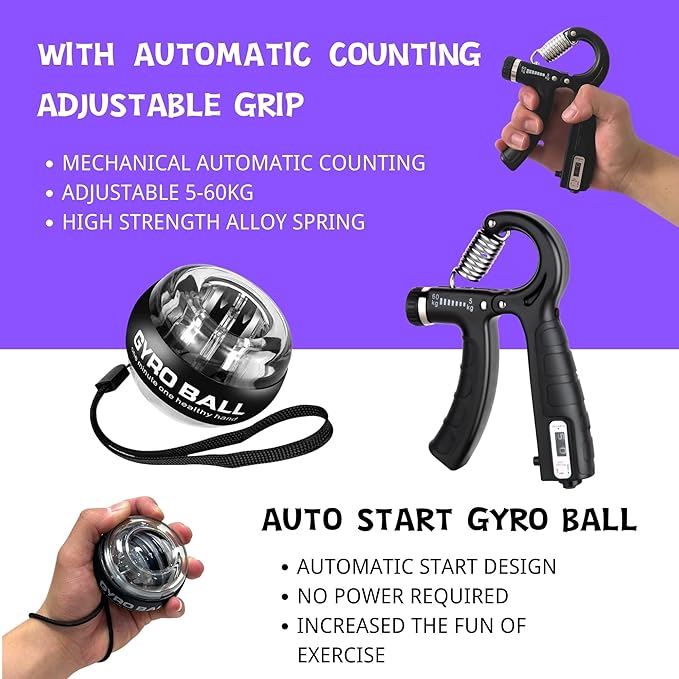 Hand Grip Strengthener Workout Kit (8 Pack) Forearm Grip Adjustable Resistance Hand Gripper, Finger Stretcher, Finger Exerciser, Grip Ring,Gyro Ball