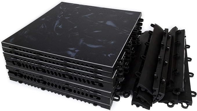 Big Floors 3X3LUXBLAKFLOOR Modular Interlocking Lightweight Plastic Dance Floor Kit (3' x 3'), Luxury Black, 21 Piece