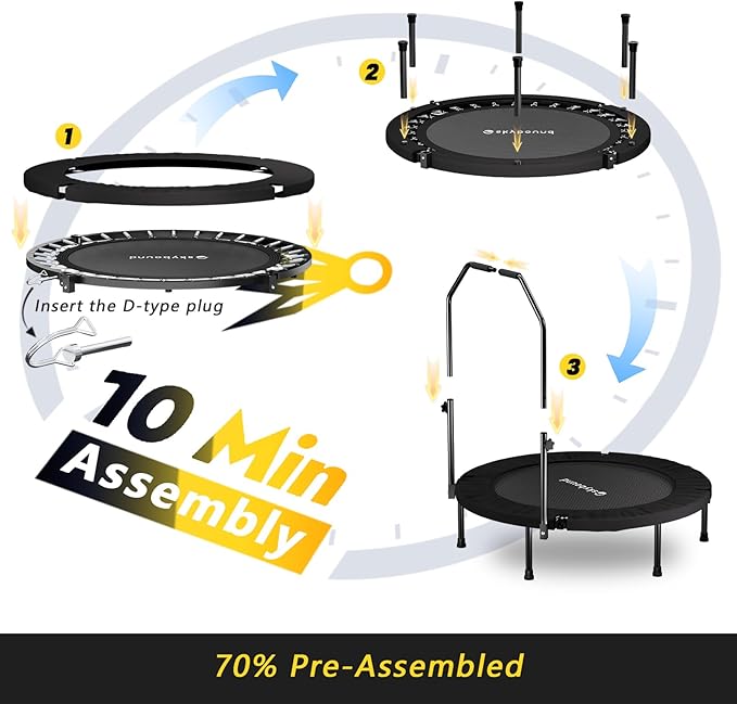 Rebounder Trampoline for Adults - 40" Foldable Mini Trampoline Fitness Rebounder with Adjustable U-Bar Handle, Max Load 350lbs,Stable Quiet Indoor/Outdoor Exercise Equipment